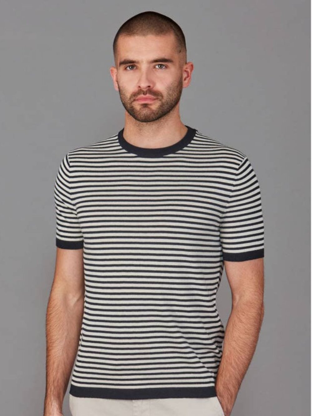 Paul James Navy Knit Cotton Breton Stripe T-Shirt
